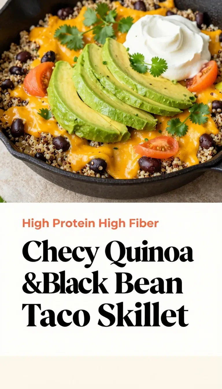 A colorful skillet filled with cheesy quinoa, black beans, and taco-inspired ingredients, garnished with fresh cilantro.