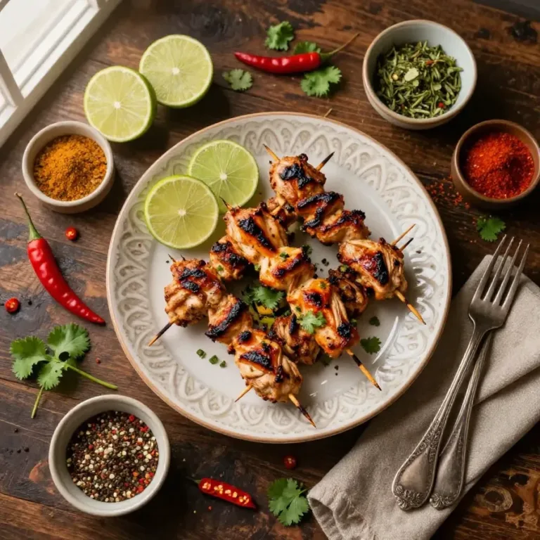 Grilled Thai chicken skewers served on a wooden platter with fresh herbs and dipping sauce.