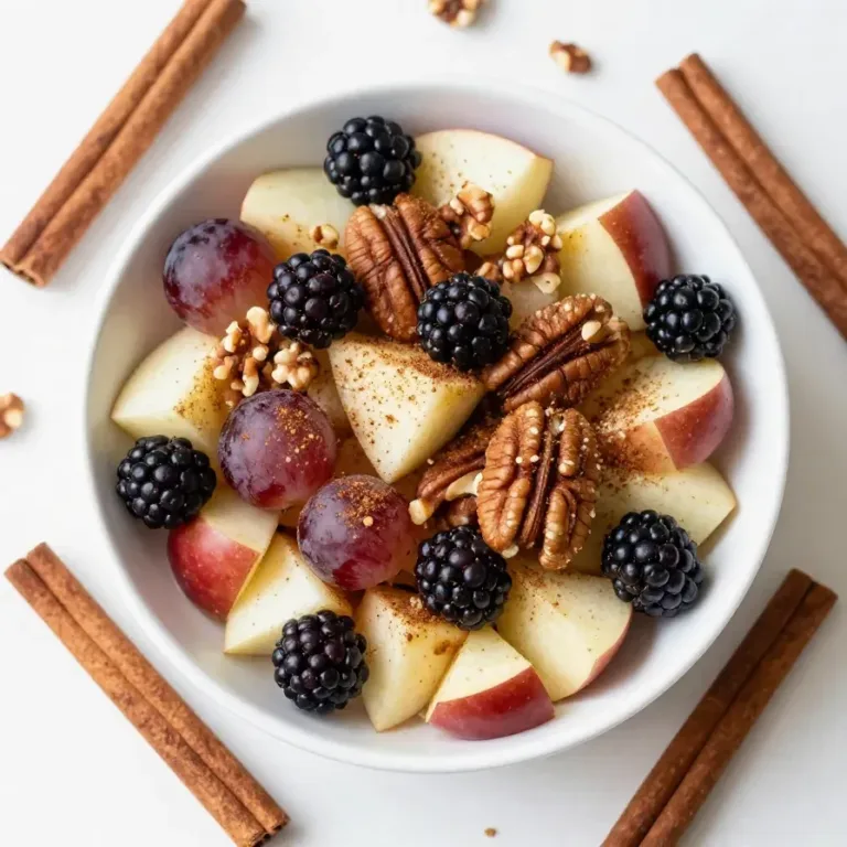 A vibrant bowl of fall fruit salad featuring apples, pears, cranberries, and nuts.