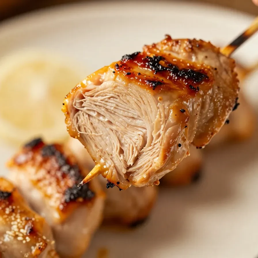 Grilled Thai chicken skewers served on a wooden platter with fresh herbs and dipping sauce.