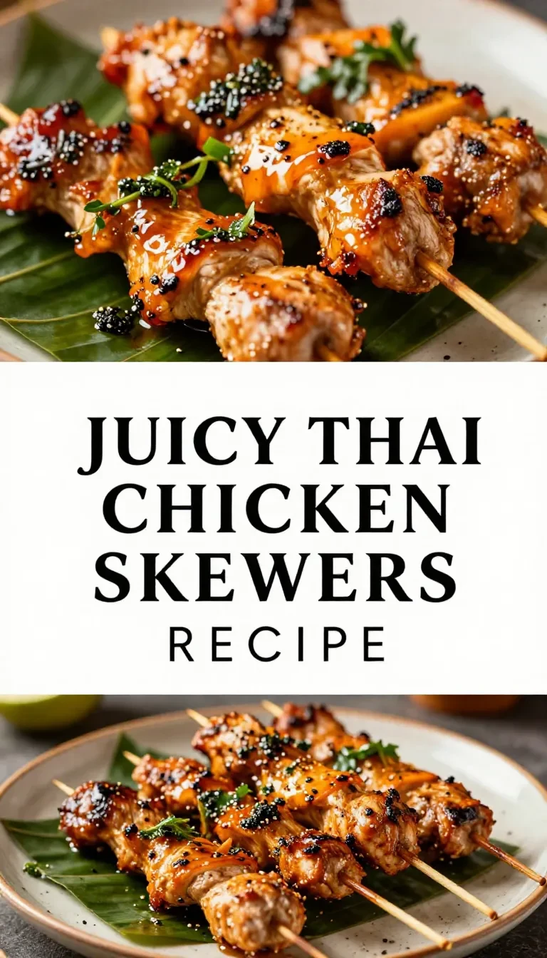 Grilled Thai chicken skewers served on a wooden platter with fresh herbs and dipping sauce.