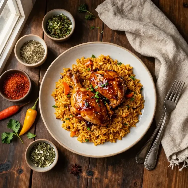 A plate of honey BBQ chicken served on a bed of fluffy white rice, garnished with fresh herbs.