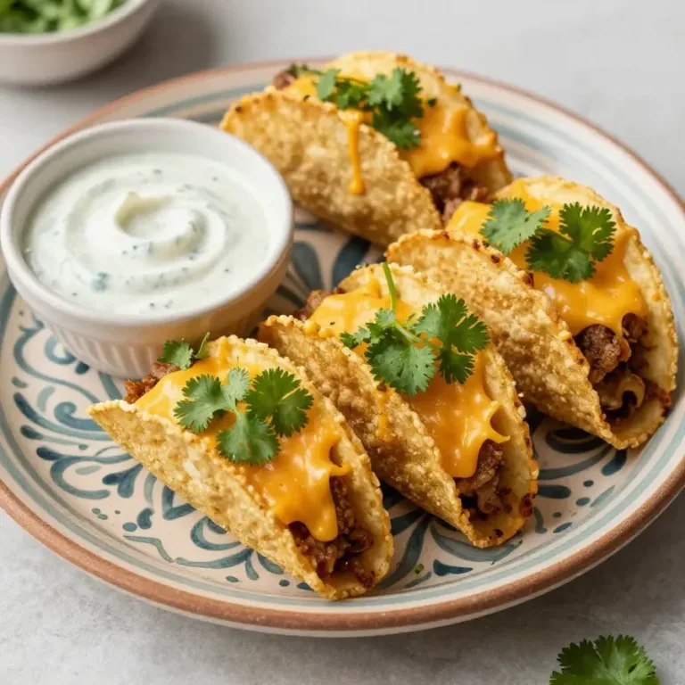 Close-up of crispy taco bites served with cool ranch dip in a white bowl, perfect for game day snacks.