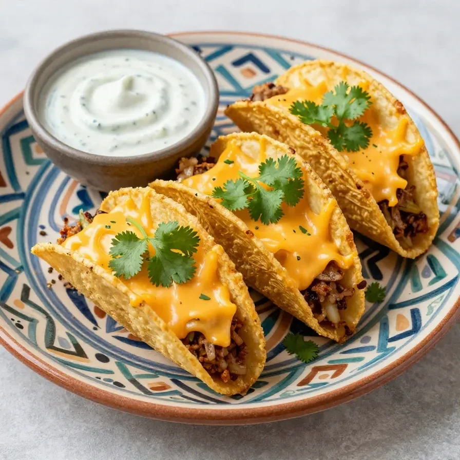 Close-up of crispy taco bites served with cool ranch dip in a white bowl, perfect for game day snacks.