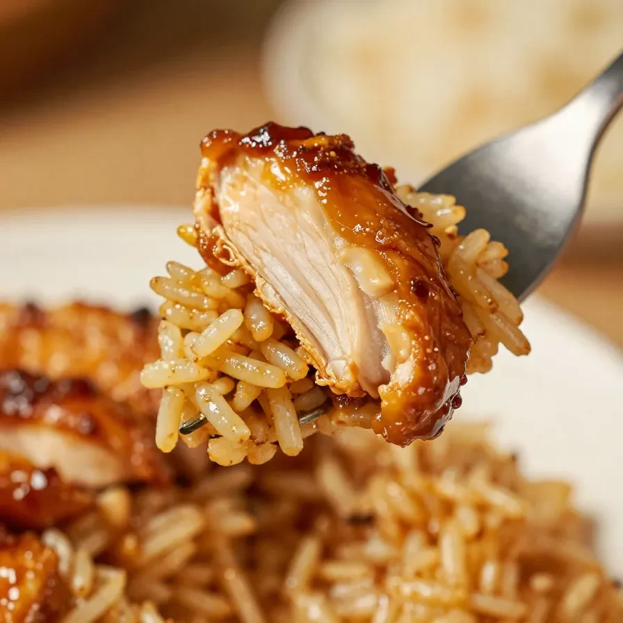 A plate of honey BBQ chicken served on a bed of fluffy white rice, garnished with fresh herbs.