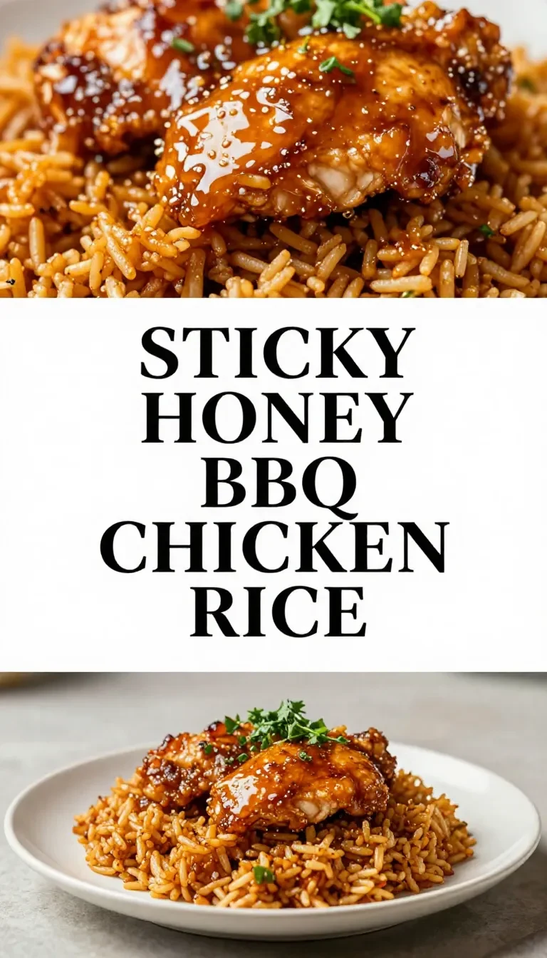 A plate of honey BBQ chicken served on a bed of fluffy white rice, garnished with fresh herbs.