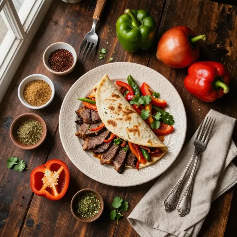 A sizzling plate of steak fajitas cooked on a Blackstone griddle, served with colorful bell peppers and onions.