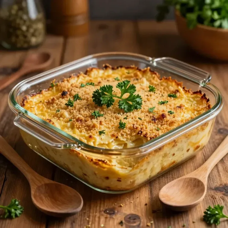 A freshly baked casserole in a white dish, inspired by Dolly Parton's 5-ingredient recipe.