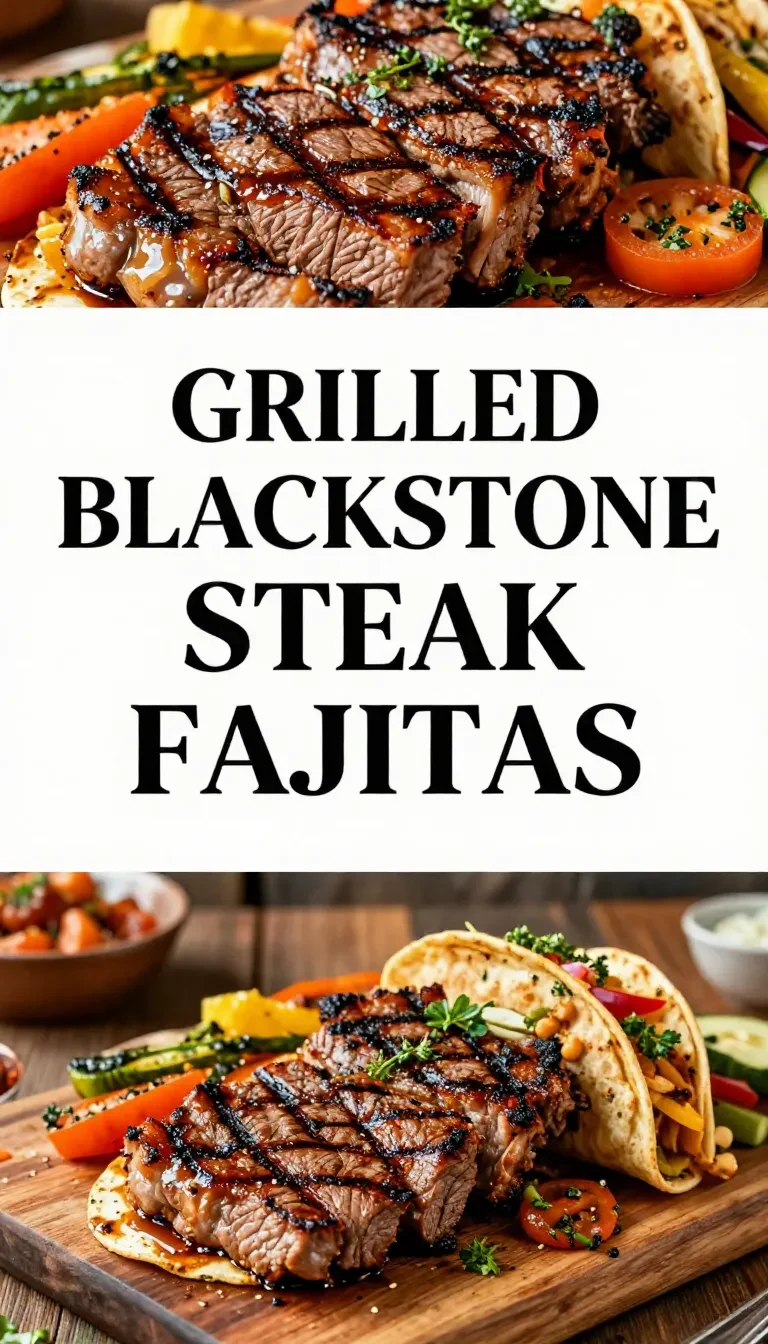 A sizzling plate of steak fajitas cooked on a Blackstone griddle, served with colorful bell peppers and onions.