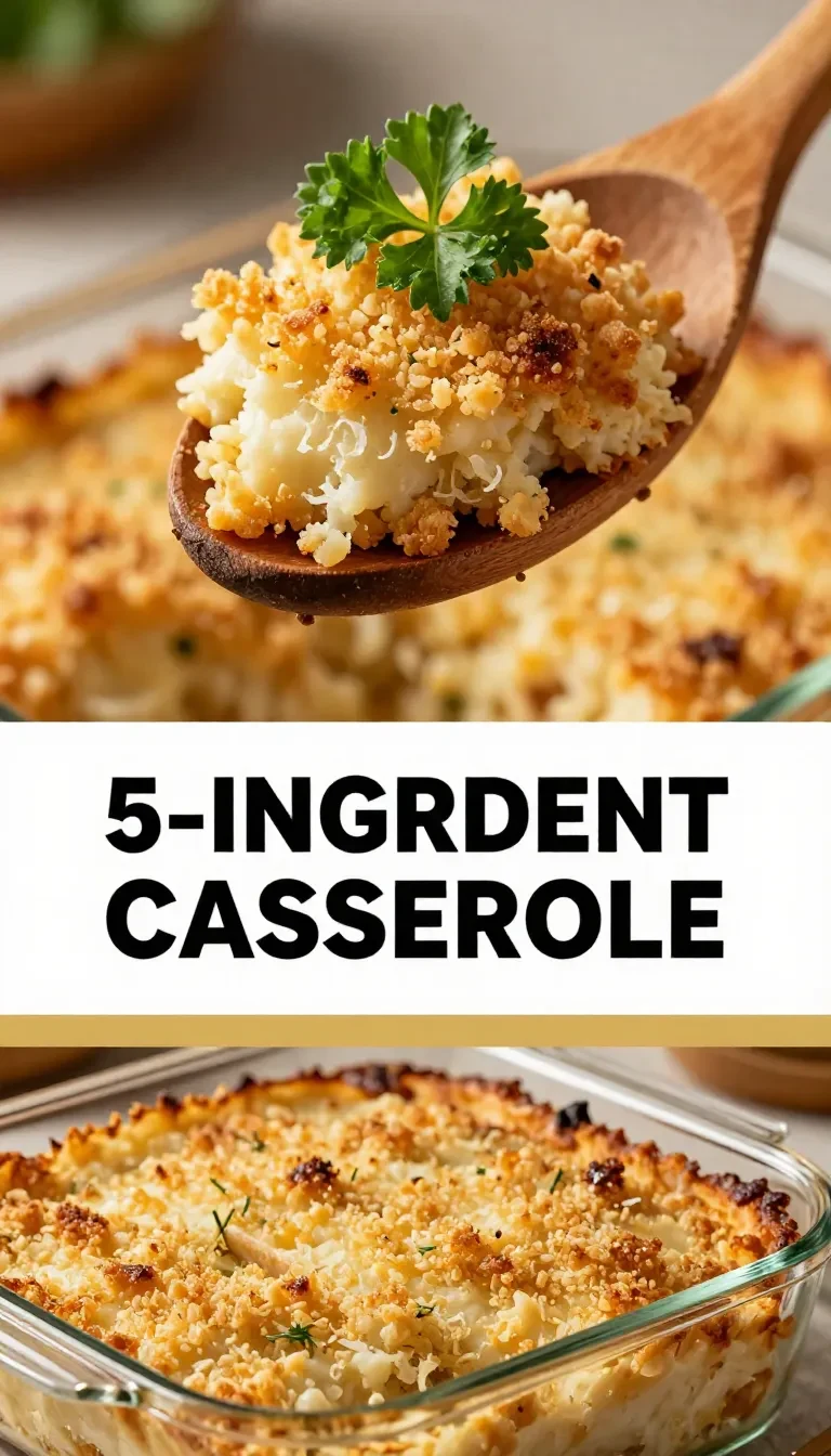 A freshly baked casserole in a white dish, inspired by Dolly Parton's 5-ingredient recipe.