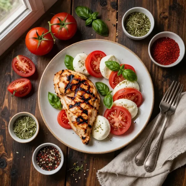 Grilled chicken breast topped with fresh mozzarella, tomato slices, and basil leaves on a white plate.