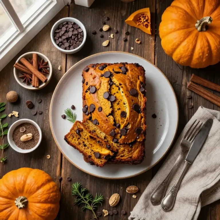 A freshly baked loaf of chocolate chip pumpkin bread on a wooden cutting board.