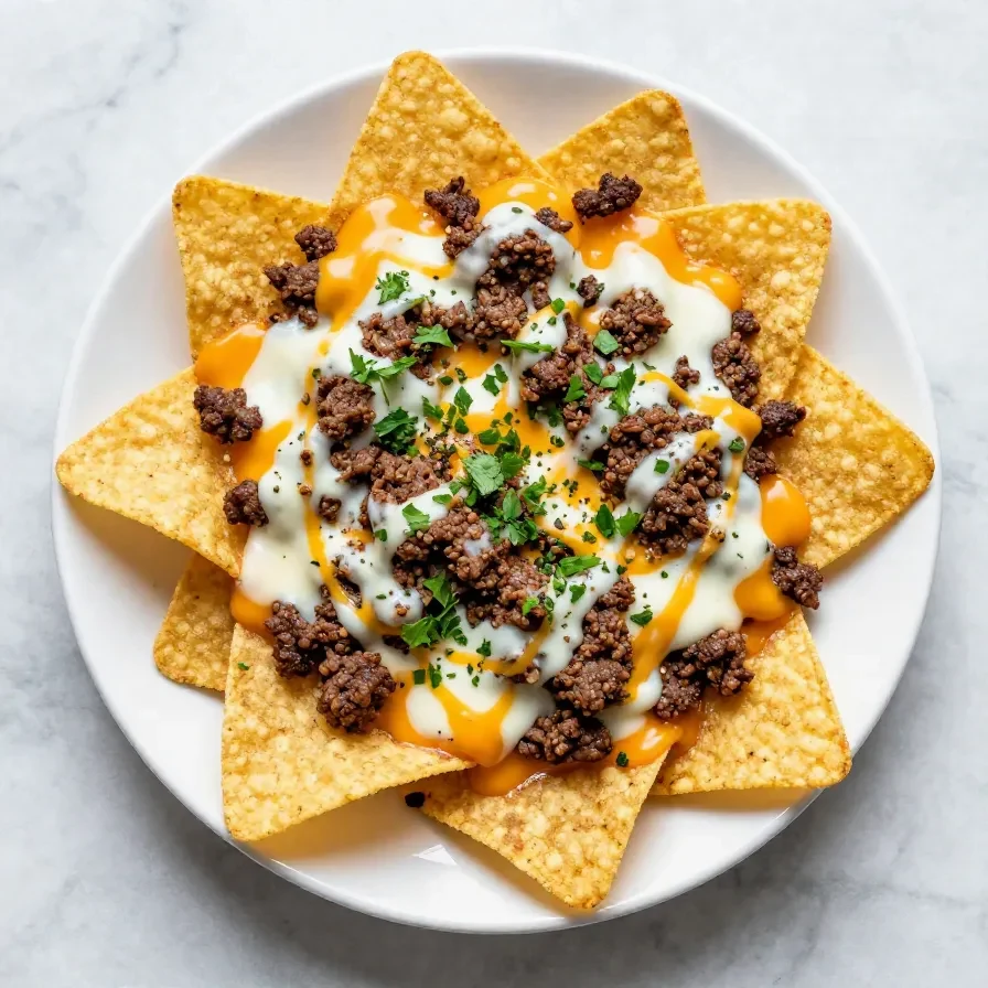 A plate of loaded nachos topped with melted cheese, jalapeños, sour cream, and guacamole, perfect for game day.