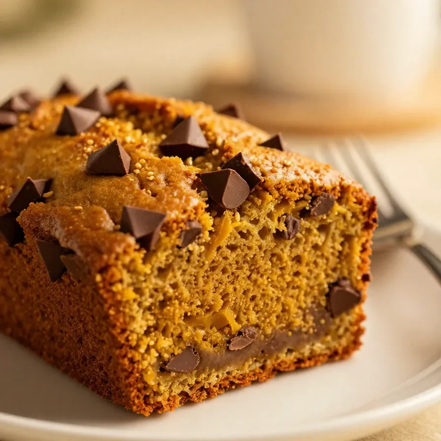 A freshly baked loaf of chocolate chip pumpkin bread on a wooden cutting board.