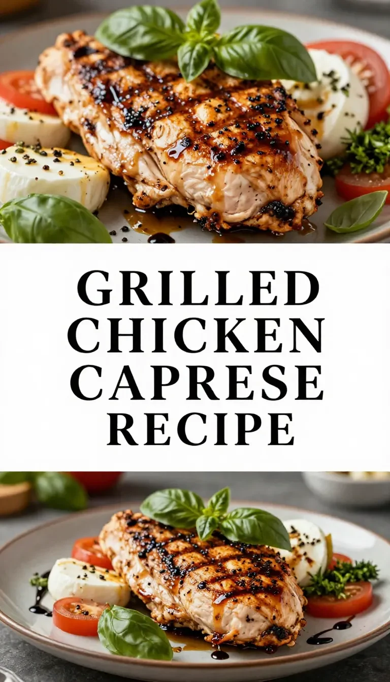 Grilled chicken breast topped with fresh mozzarella, tomato slices, and basil leaves on a white plate.