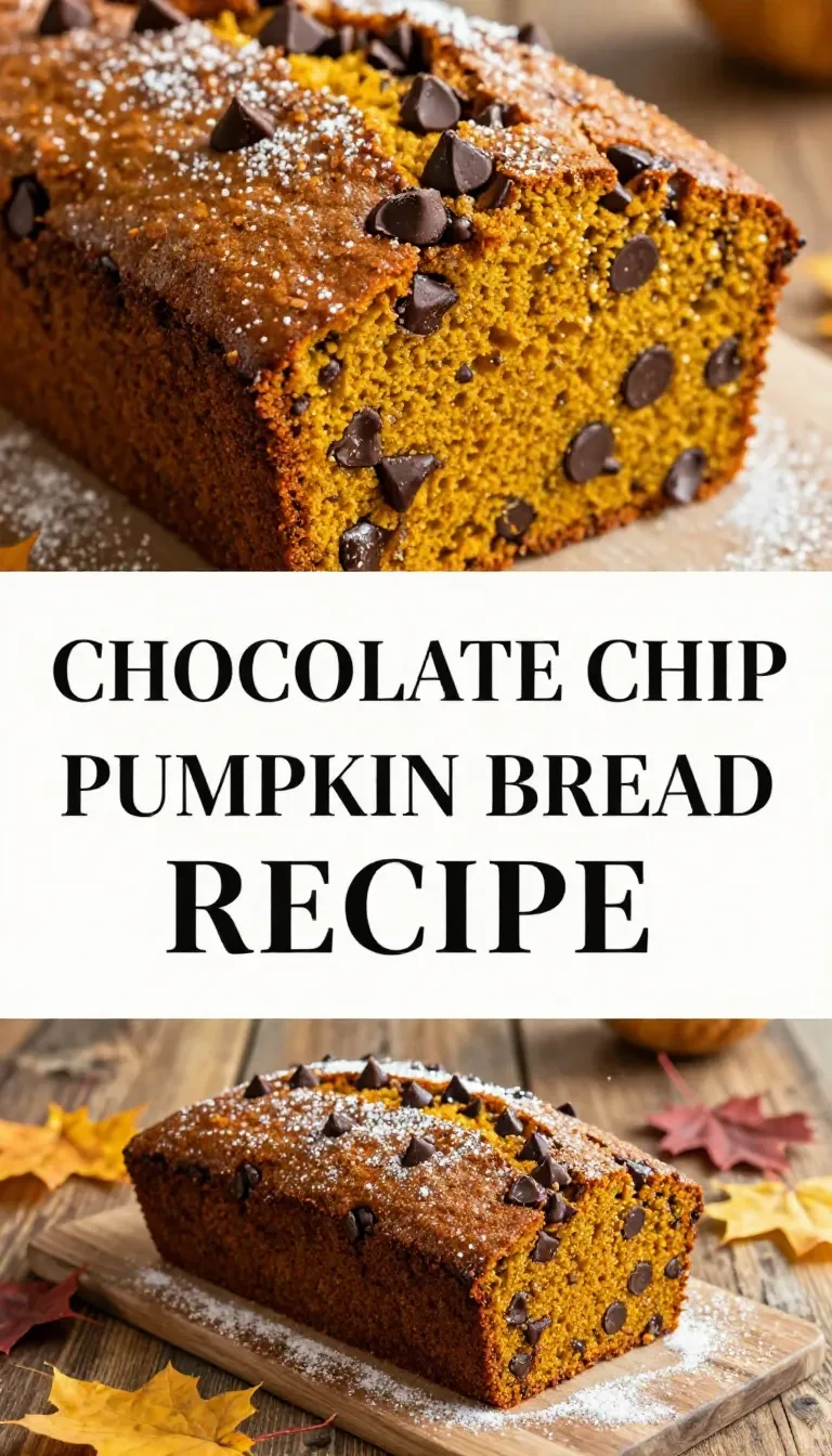 A freshly baked loaf of chocolate chip pumpkin bread on a wooden cutting board.
