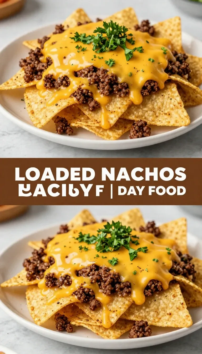 A plate of loaded nachos topped with melted cheese, jalapeños, sour cream, and guacamole, perfect for game day.