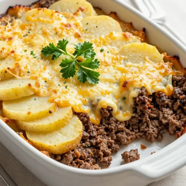 A hearty hobo casserole with ground beef, potatoes, and melted cheese served in a baking dish.