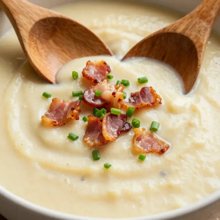 A bowl of creamy baked potato soup topped with shredded cheese, crispy bacon, and green onions.