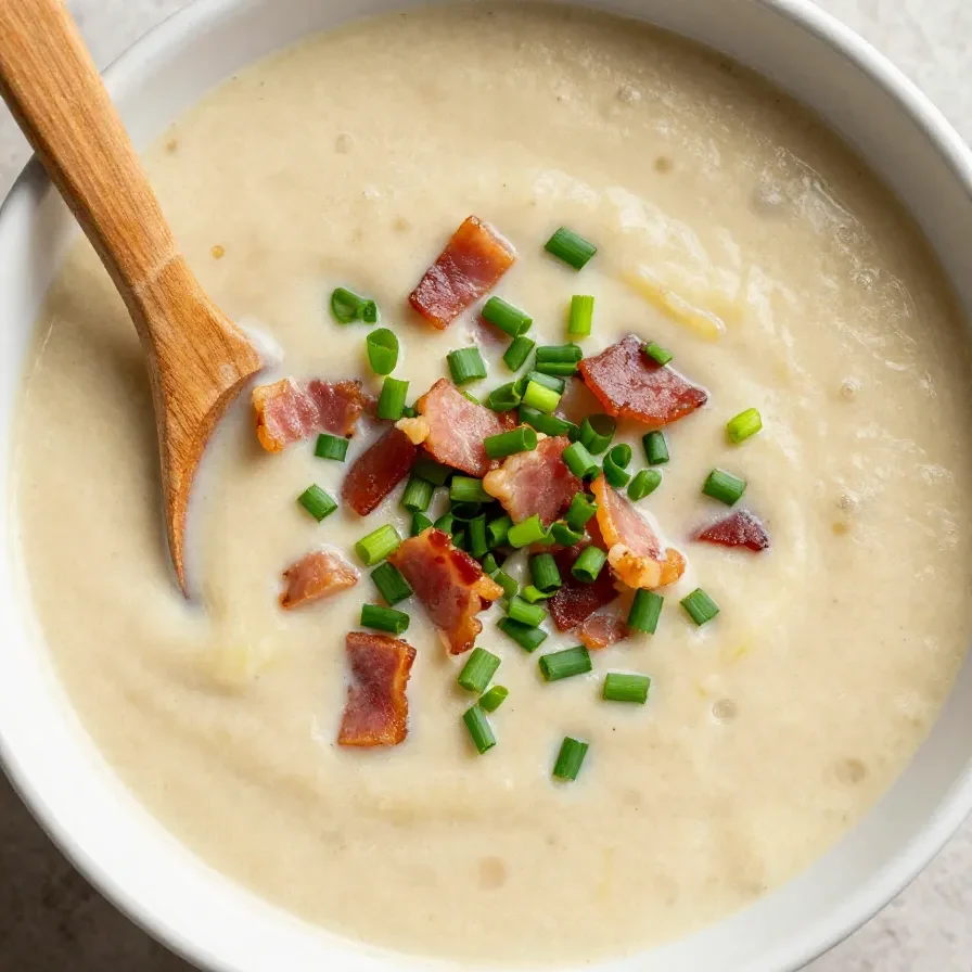 A bowl of creamy baked potato soup topped with shredded cheese, crispy bacon, and green onions.