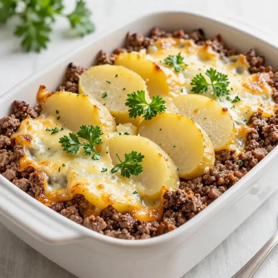 A hearty hobo casserole with ground beef, potatoes, and melted cheese served in a baking dish.