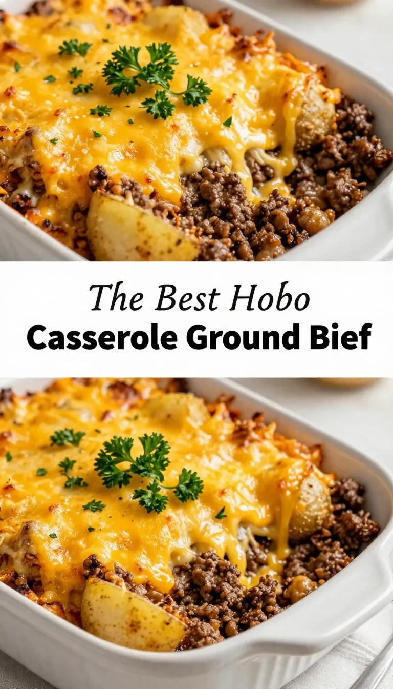 A hearty hobo casserole with ground beef, potatoes, and melted cheese served in a baking dish.
