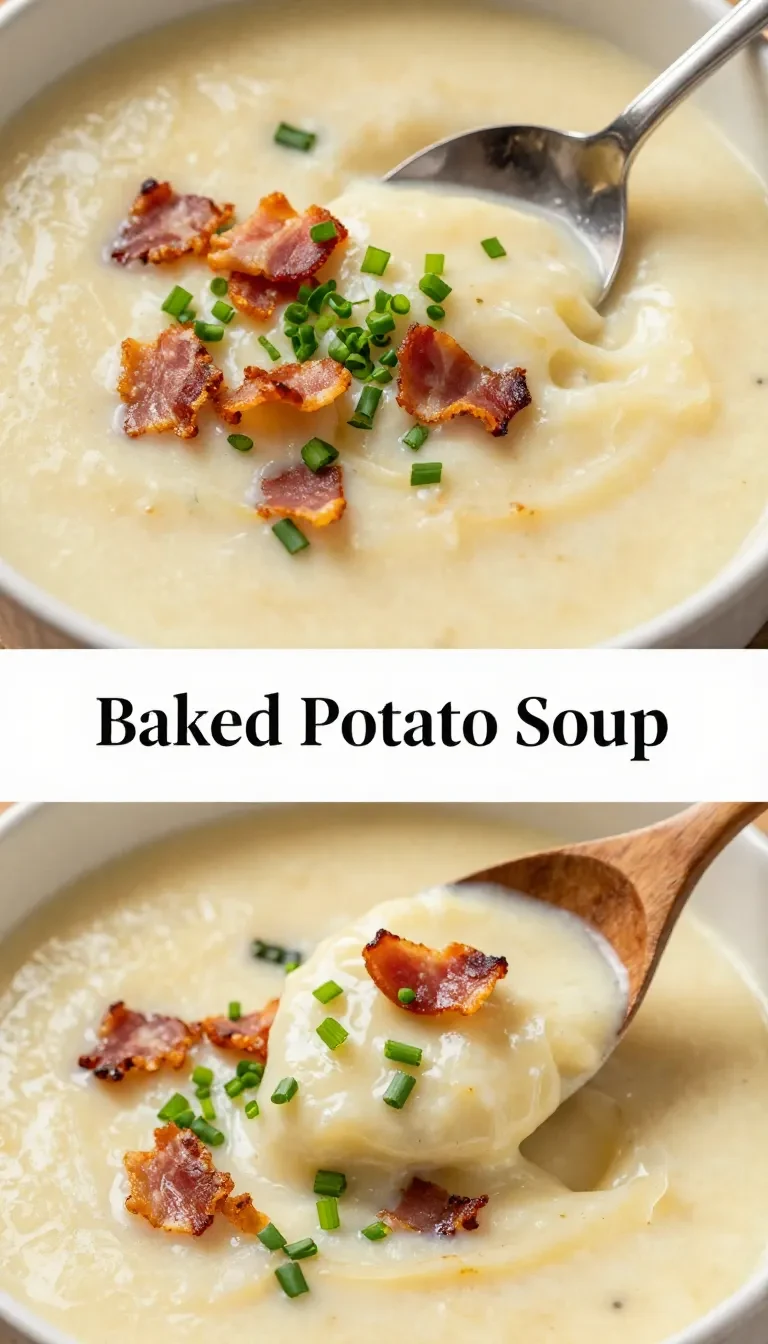 A bowl of creamy baked potato soup topped with shredded cheese, crispy bacon, and green onions.