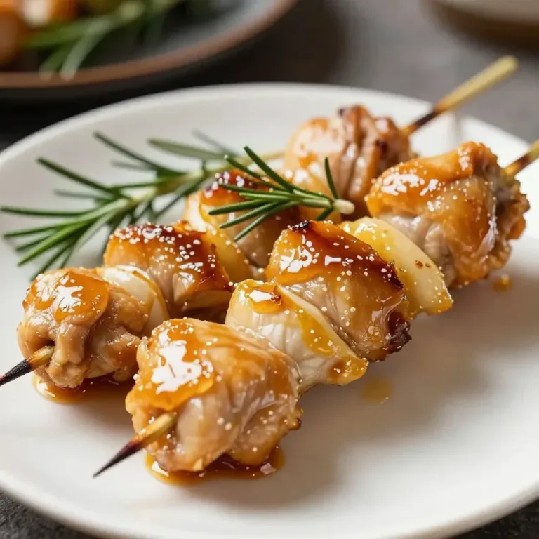 Grilled honey garlic chicken skewers served on a white plate with fresh parsley garnish.