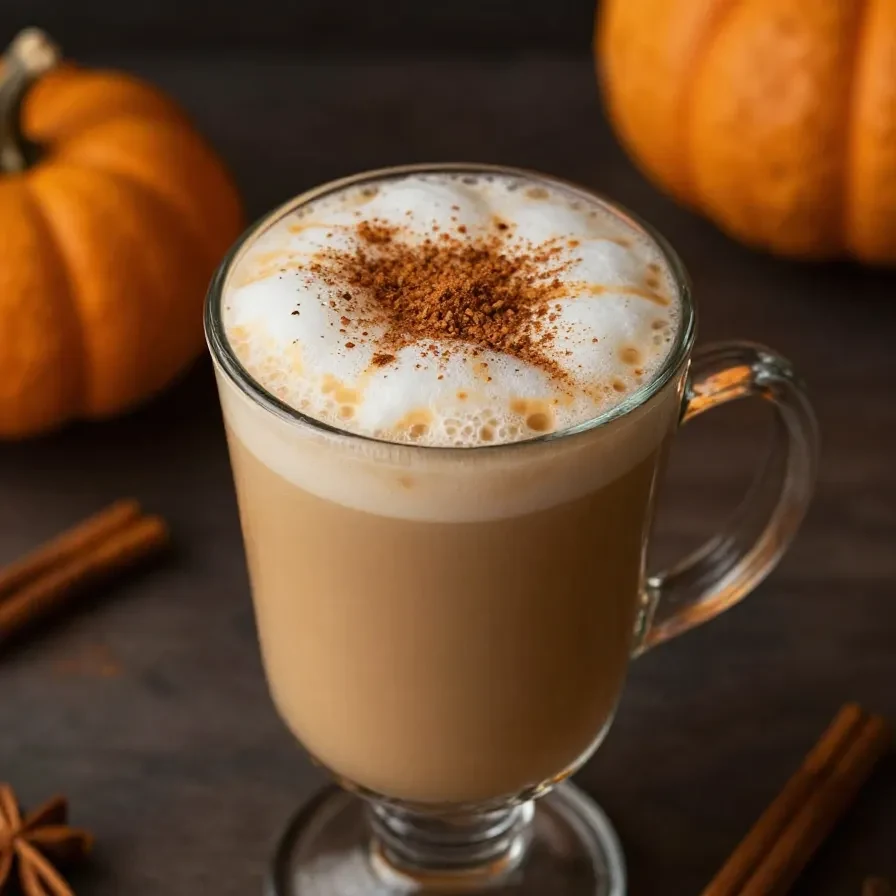 A steaming mug of pumpkin spice drink topped with whipped cream and cinnamon.