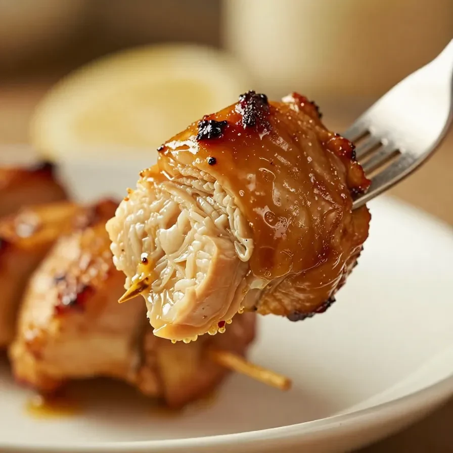 Grilled honey garlic chicken skewers served on a white plate with fresh parsley garnish.
