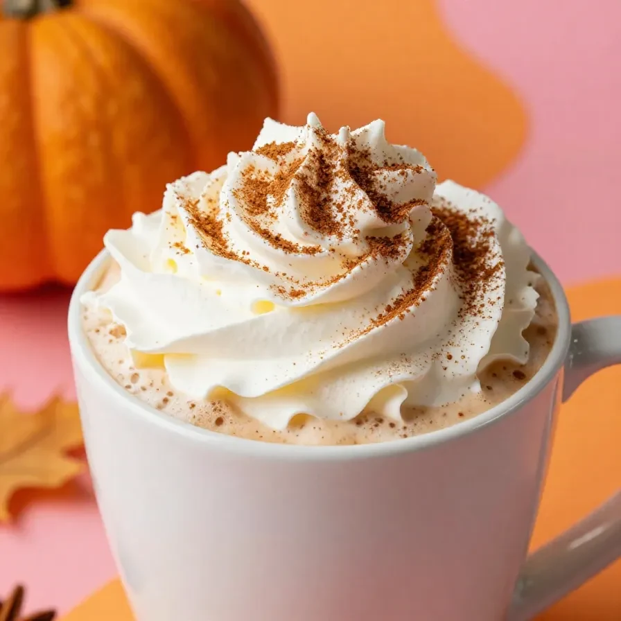 A steaming cup of skinny pumpkin spice latte topped with frothy milk and cinnamon on a wooden table.