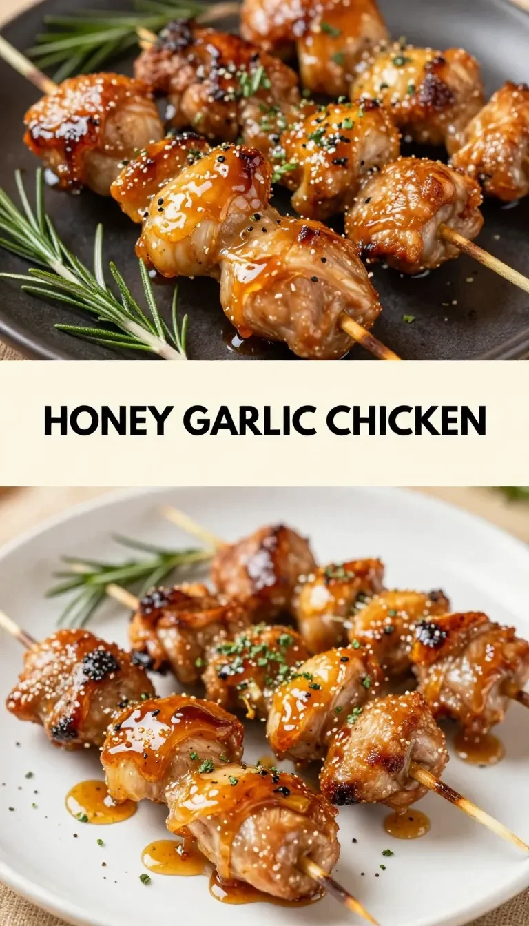Grilled honey garlic chicken skewers served on a white plate with fresh parsley garnish.