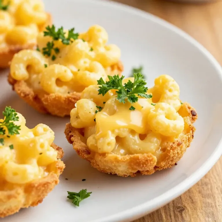 Close-up of mini macaroni and cheese bites served on a white plate.