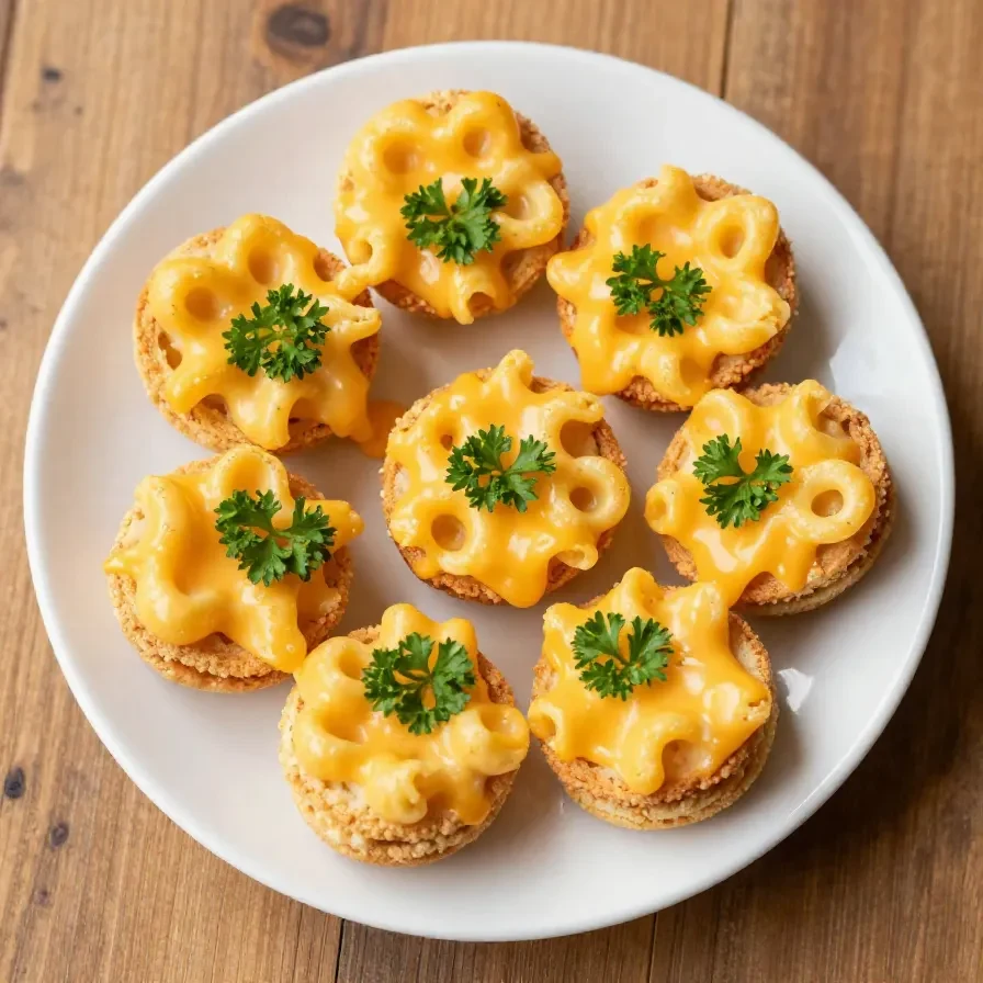 Close-up of mini macaroni and cheese bites served on a white plate.