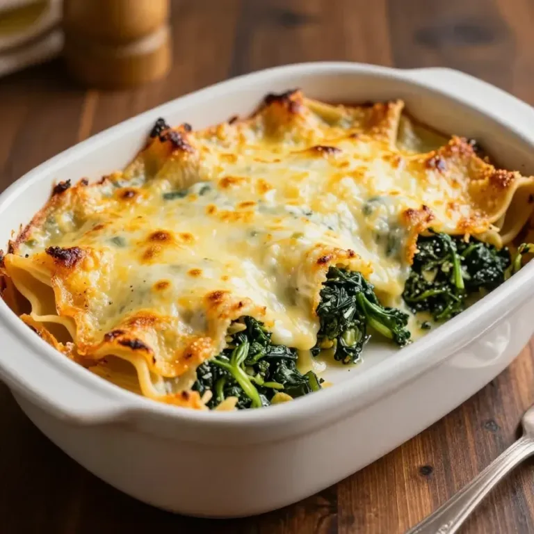 A freshly baked spinach ricotta pasta dish topped with melted cheese in a casserole dish.