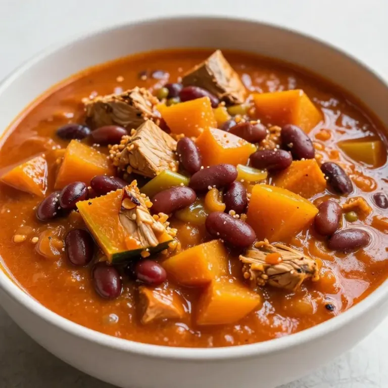 A bowl of easy turkey pumpkin chili garnished with fresh parsley.