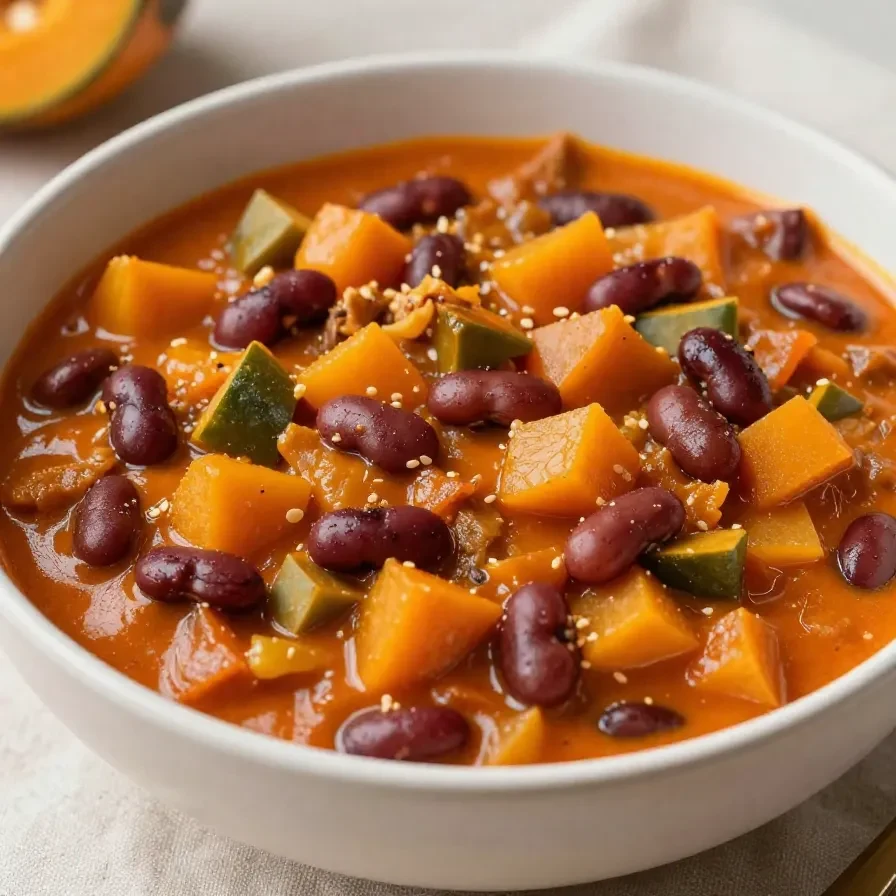 A bowl of easy turkey pumpkin chili garnished with fresh parsley.