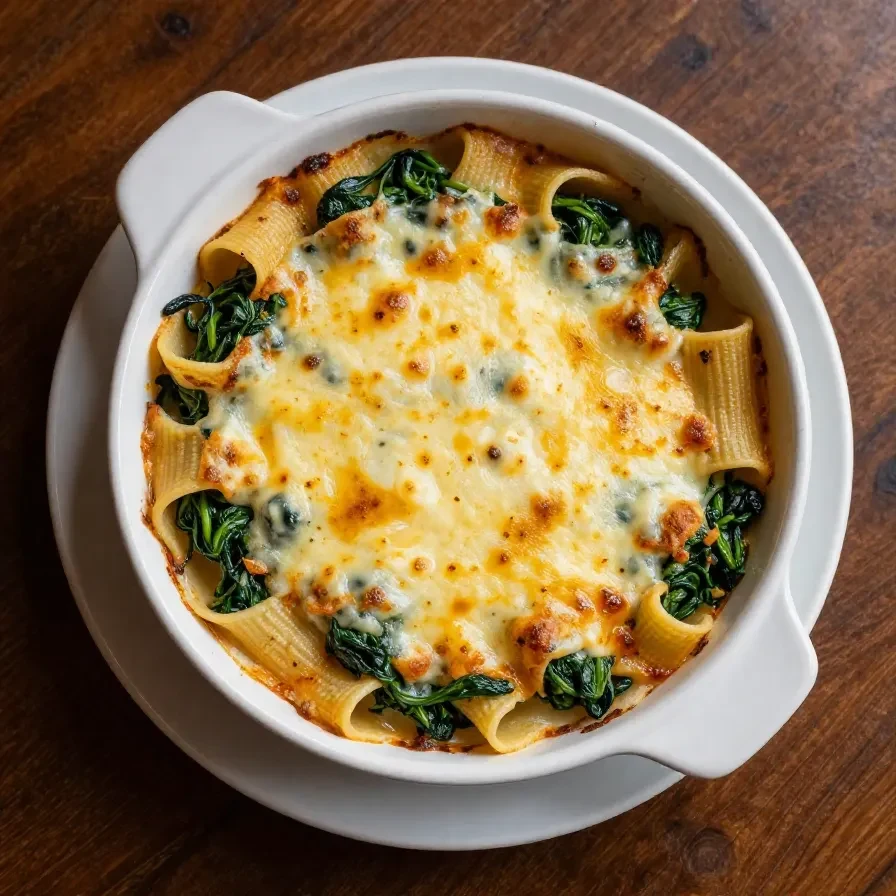 A freshly baked spinach ricotta pasta dish topped with melted cheese in a casserole dish.