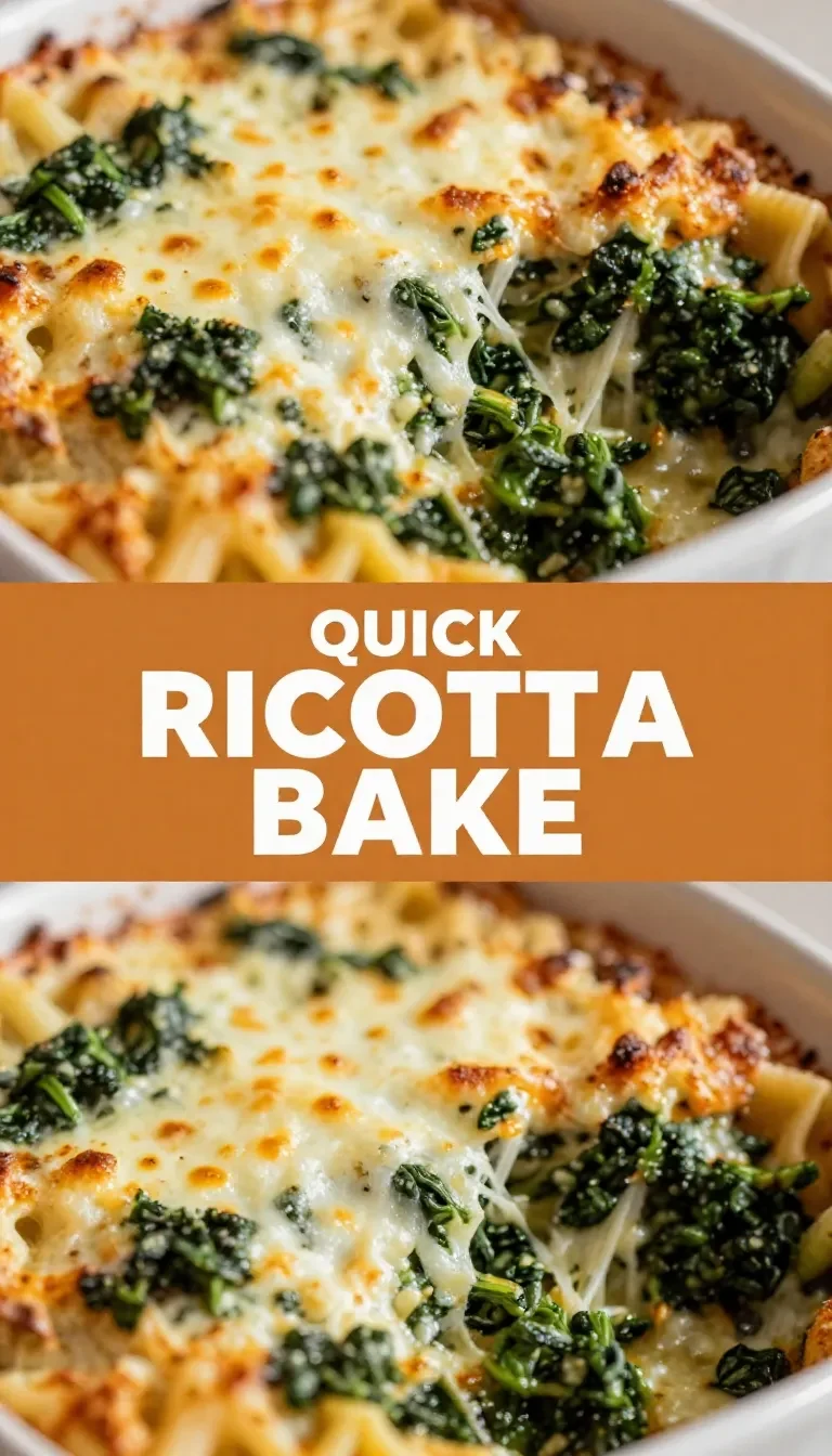 A freshly baked spinach ricotta pasta dish topped with melted cheese in a casserole dish.