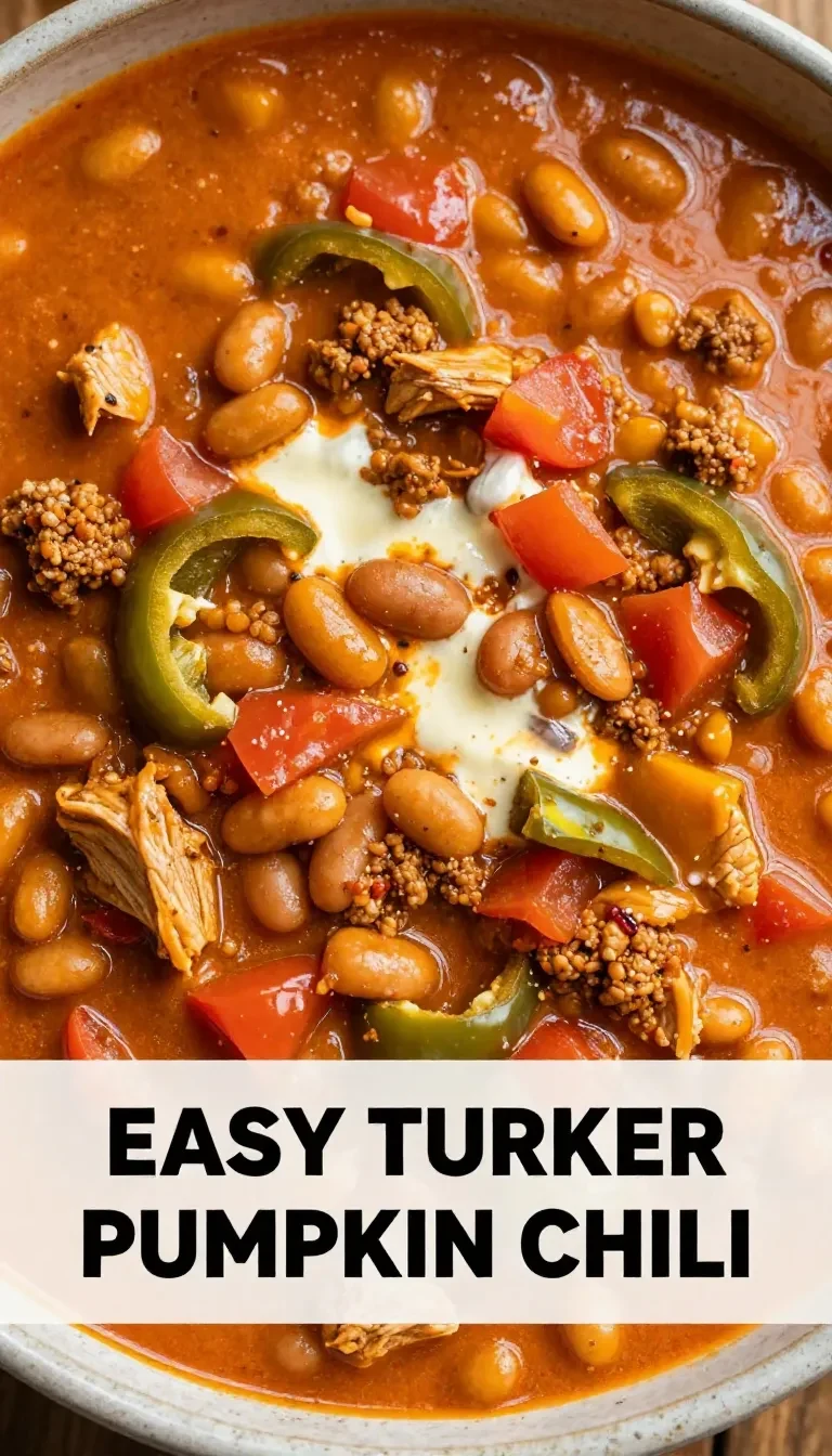 A bowl of easy turkey pumpkin chili garnished with fresh parsley.