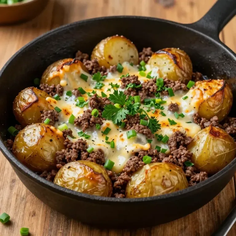 A close-up view of a skillet filled with sloppy joe mixture served over baked potato slices.