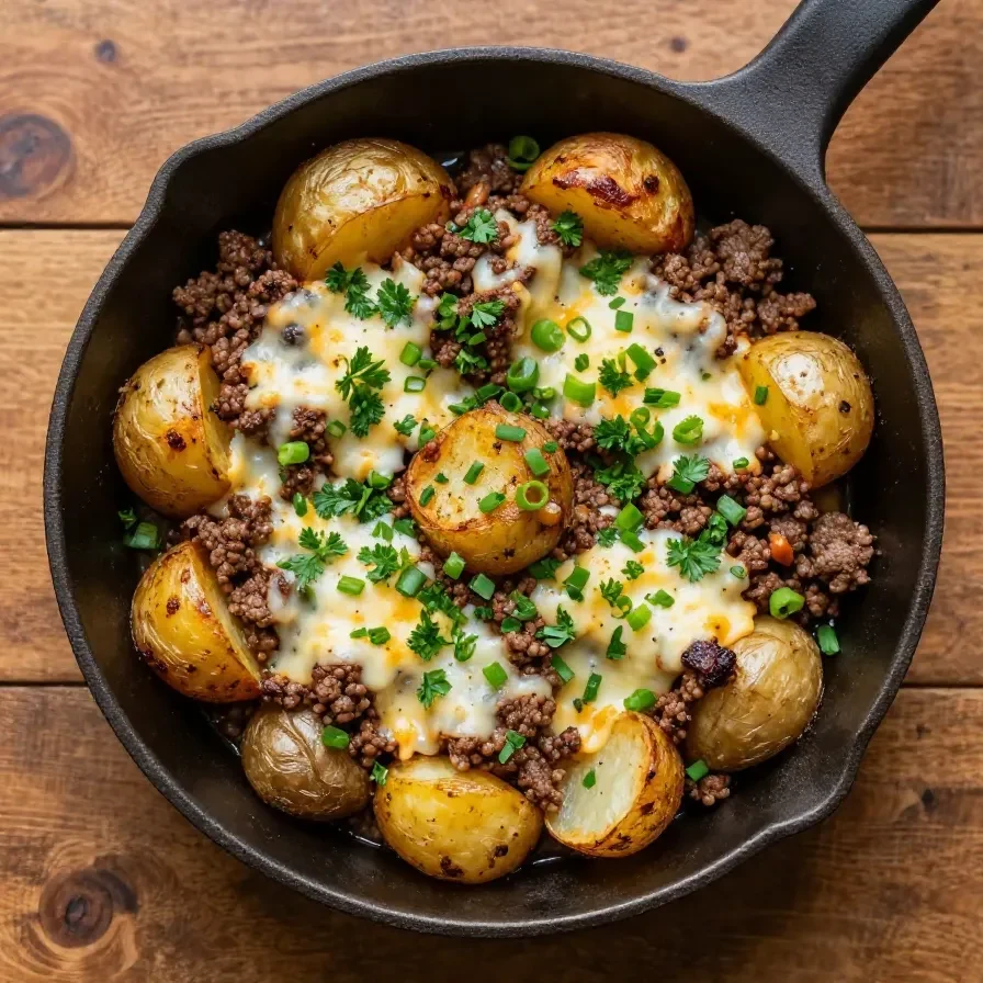 A close-up view of a skillet filled with sloppy joe mixture served over baked potato slices.