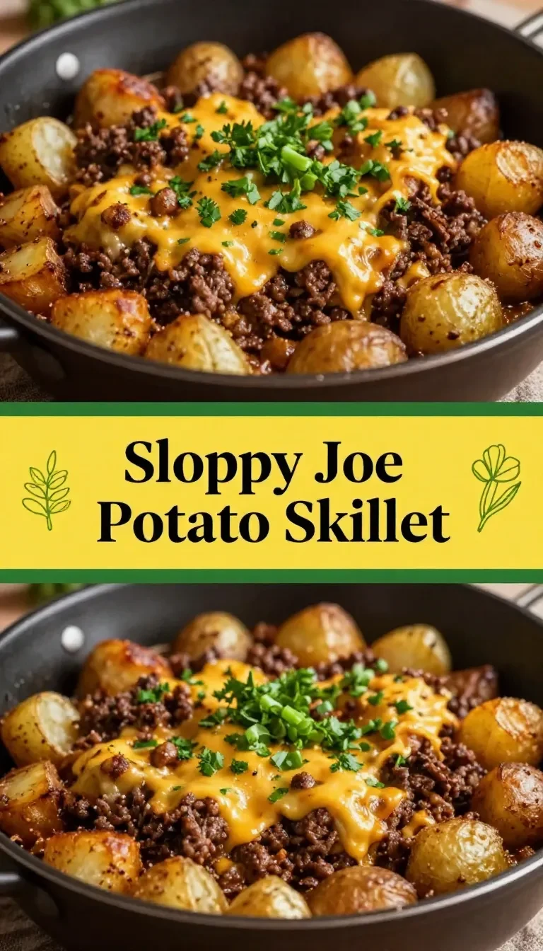 A close-up view of a skillet filled with sloppy joe mixture served over baked potato slices.
