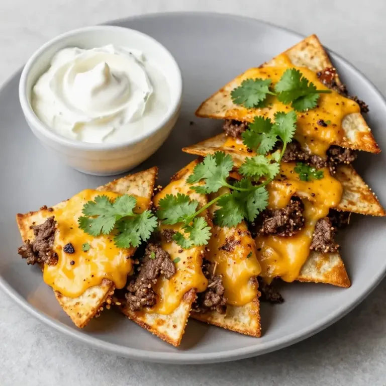 Cheesy ground beef quesadillas served on a wooden platter with a side of salsa and sour cream.