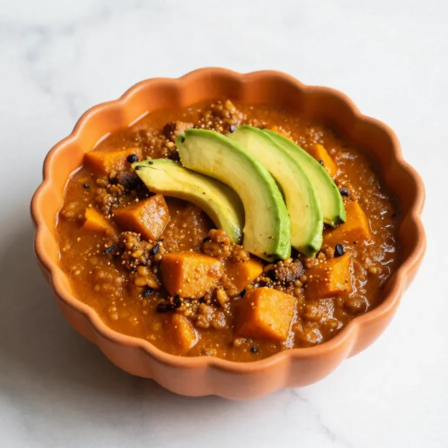 A bowl of vegetarian pumpkin chili garnished with fresh cilantro and served with a side of cornbread.