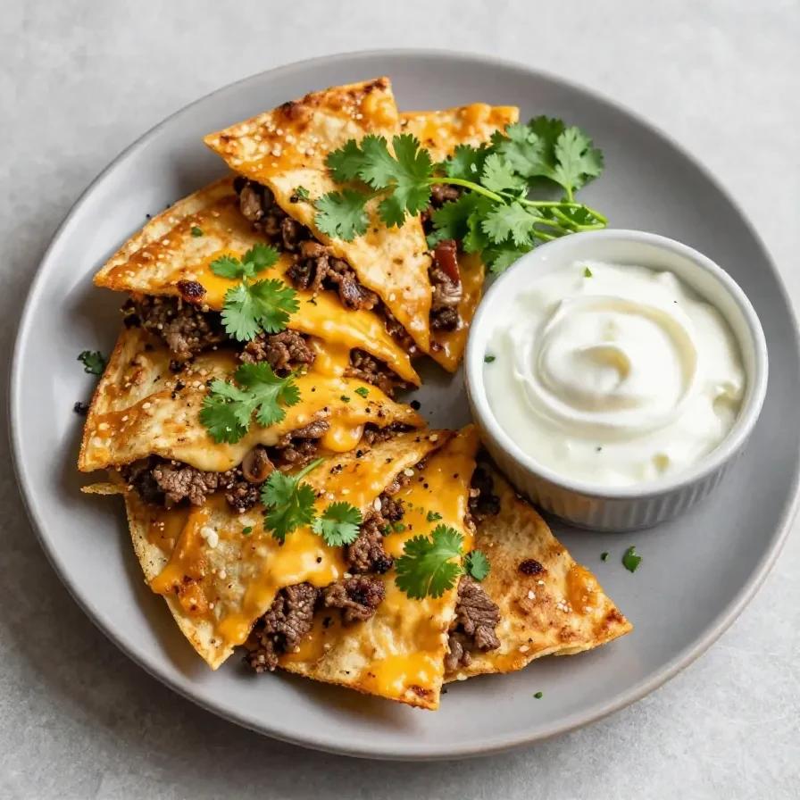 Cheesy ground beef quesadillas served on a wooden platter with a side of salsa and sour cream.