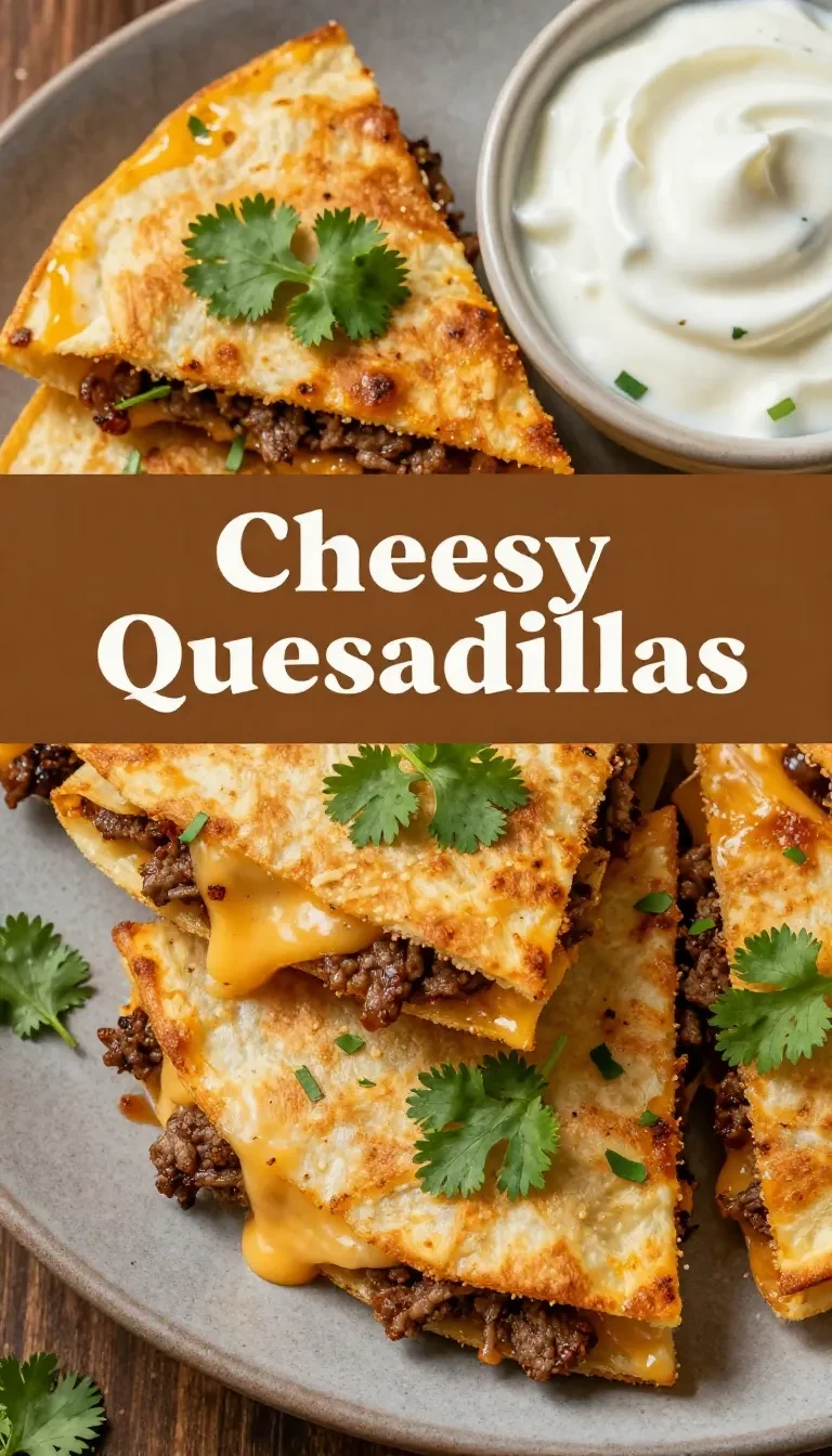 Cheesy ground beef quesadillas served on a wooden platter with a side of salsa and sour cream.