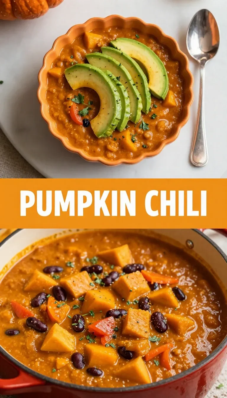 A bowl of vegetarian pumpkin chili garnished with fresh cilantro and served with a side of cornbread.