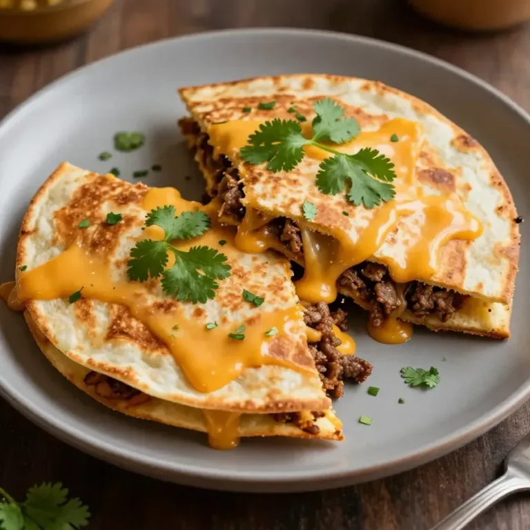 A close-up of cheesy ground beef quesadillas served on a wooden plate with a side of salsa and sour cream.