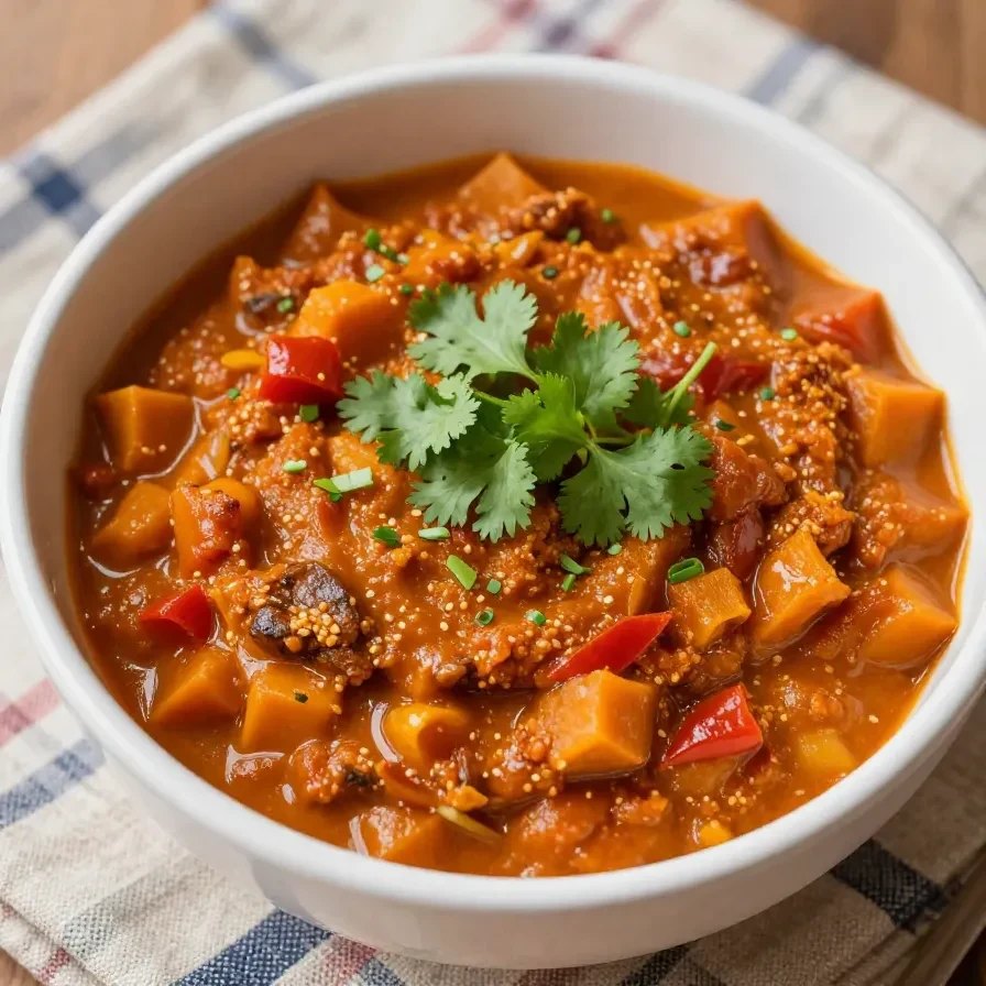 A bowl of Pioneer Woman's Pumpkin Chili topped with sour cream and fresh cilantro.